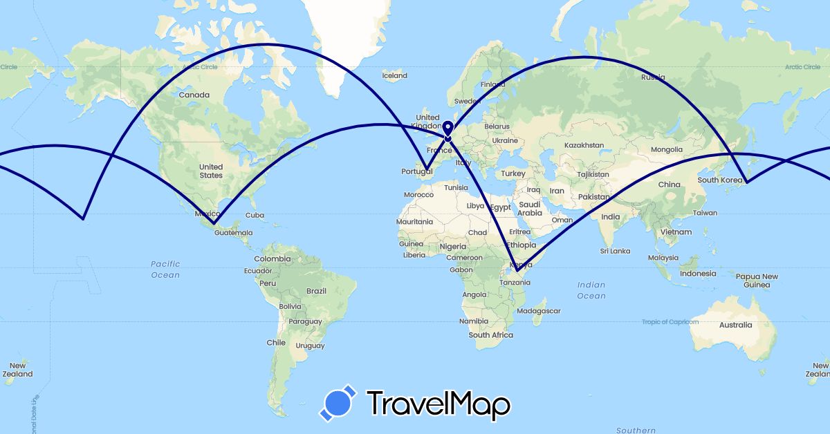 TravelMap itinerary: driving in Belgium, Spain, India, Japan, Kenya, Mexico, United States (Africa, Asia, Europe, North America)
